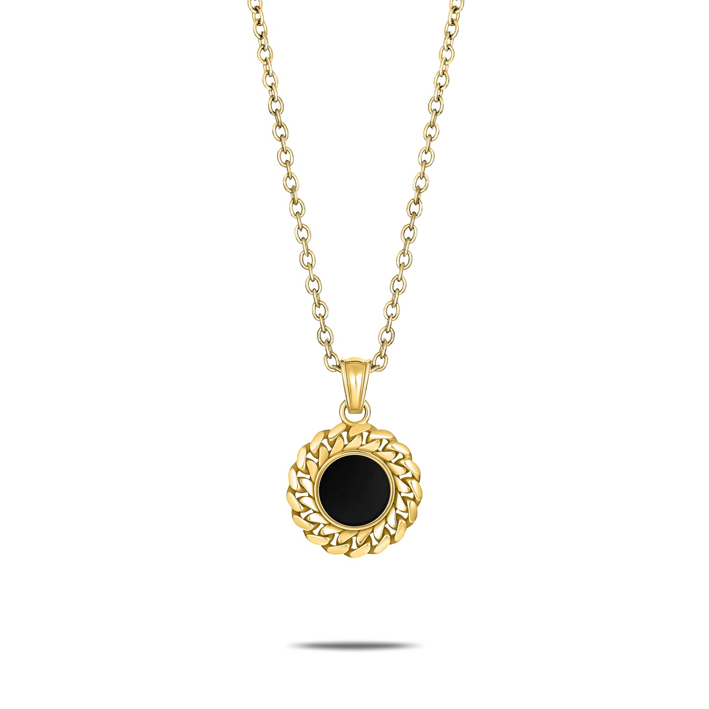 CUBAN LINK COIN PENDANT SMALL ONYX GOLD (FRONT)