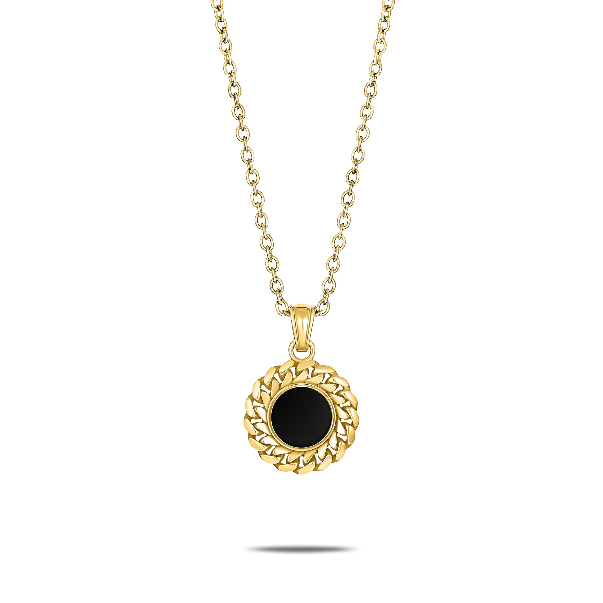 CUBAN LINK COIN PENDANT SMALL ONYX GOLD (FRONT)