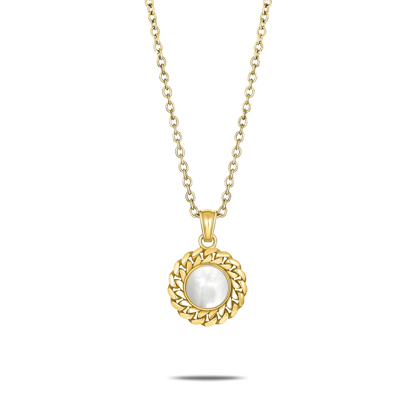 CUBAN LINK COIN PENDANT SMALL PEARL GOLD (FRONT)