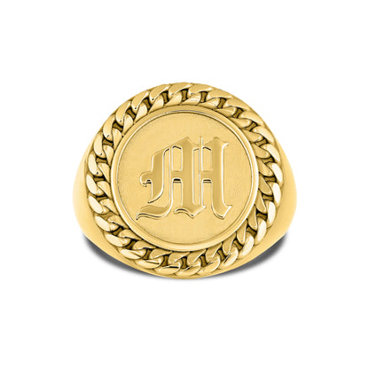 CUBAN LINK COIN RING LARGE INITIAL GOLD (FRONT)