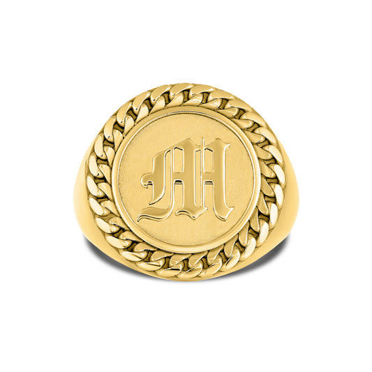 CUBAN LINK COIN RING LARGE INITIAL GOLD (FRONT)