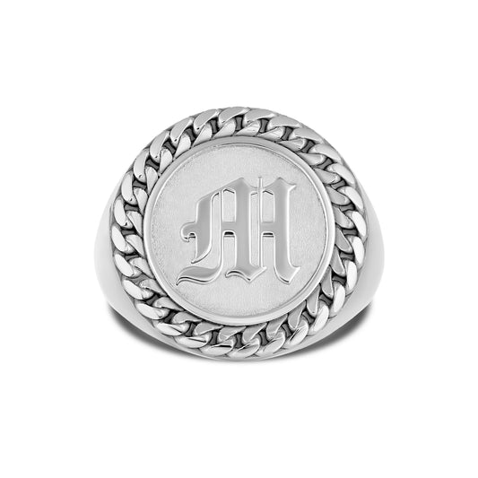 CUBAN LINK COIN RING LARGE INITIAL SILVER (FRONT)