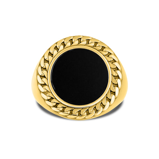CUBAN LINK COIN RING LARGE ONYX GOLD (FRONT)