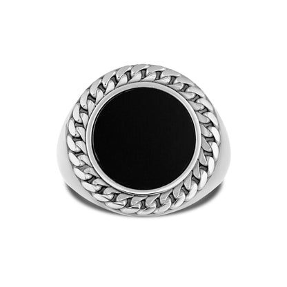 CUBAN LINK COIN RING LARGE ONYX SILVER (FRONT)