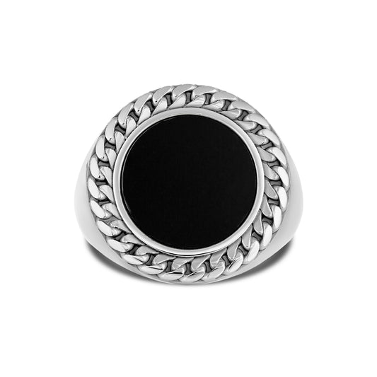 CUBAN LINK COIN RING LARGE ONYX SILVER (FRONT)