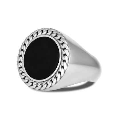 CUBAN LINK COIN RING LARGE ONYX SILVER (SIDE)