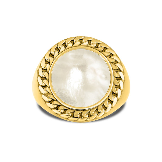 CUBAN LINK COIN RING LARGE PEARL GOLD (FRONT)