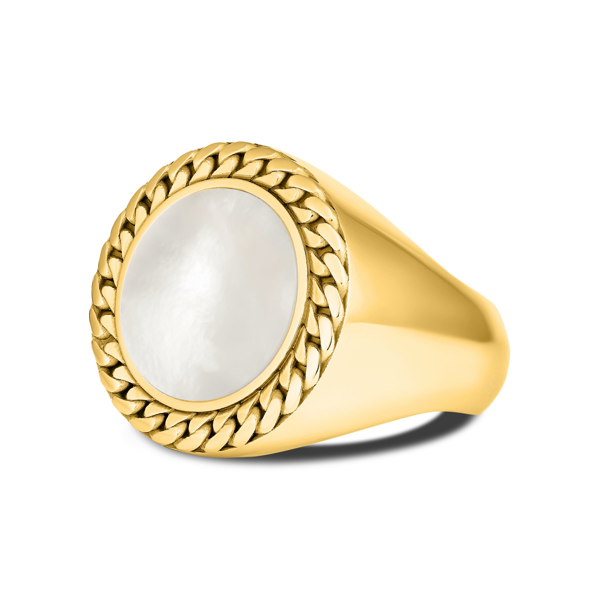 CUBAN LINK COIN RING LARGE PEARL GOLD (SIDE)
