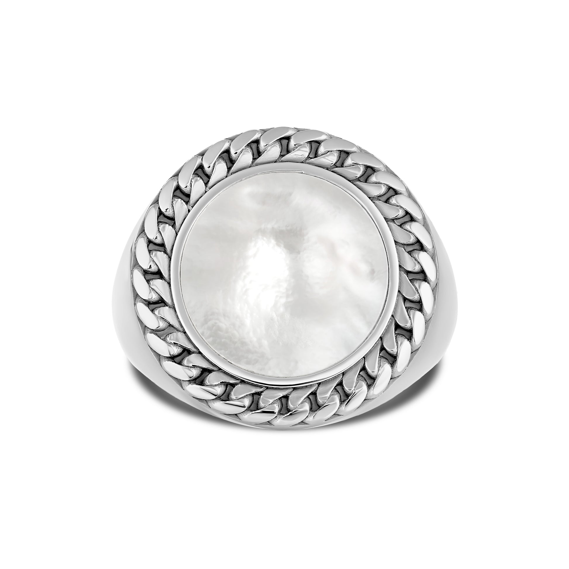 CUBAN LINK COIN RING LARGE PEARL SILVER (FRONT)