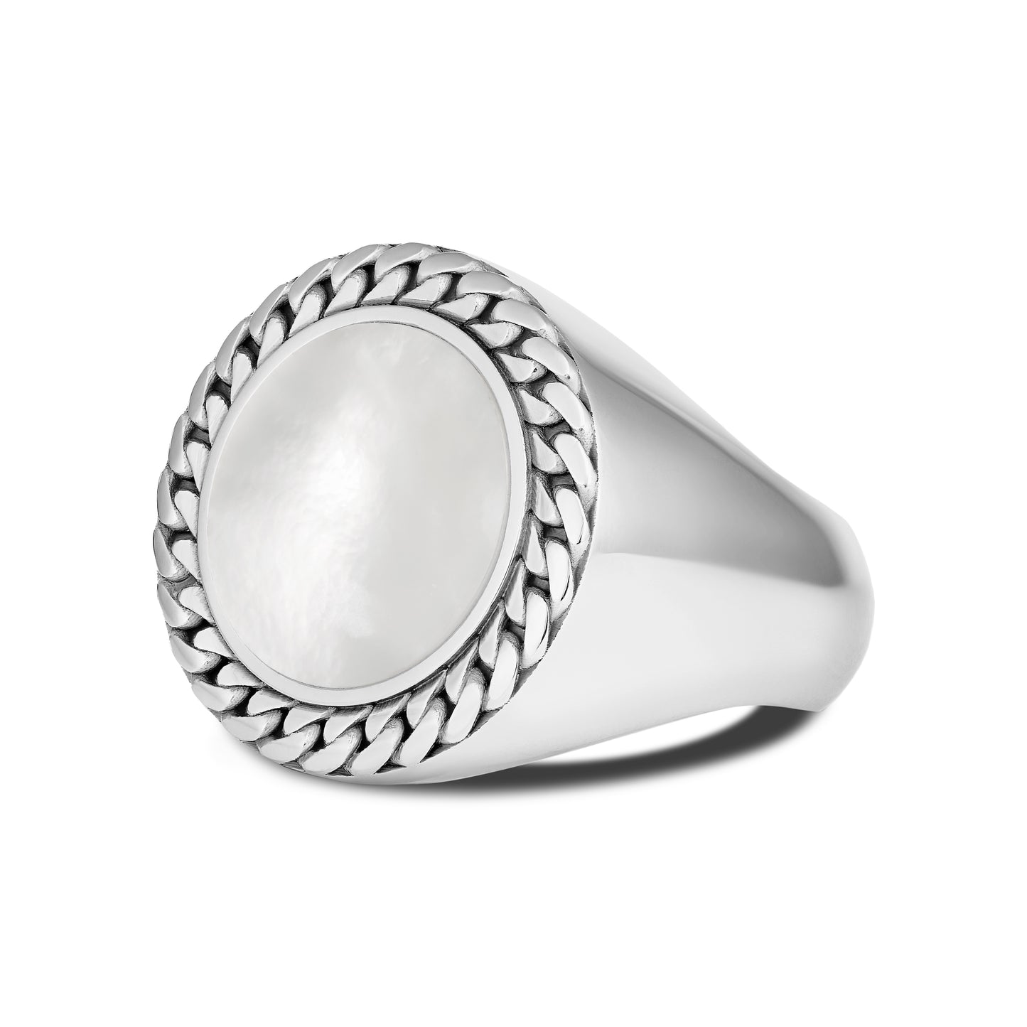 CUBAN LINK COIN RING LARGE PEARL SILVER (SIDE)