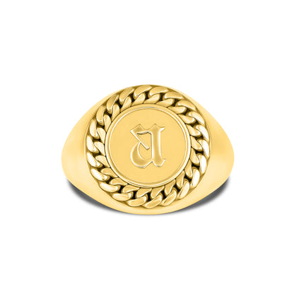 CUBAN LINK COIN RING SMALL INITIAL GOLD (FRONT)