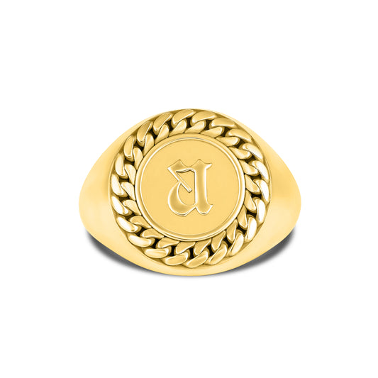 CUBAN LINK COIN RING SMALL INITIAL GOLD (FRONT)