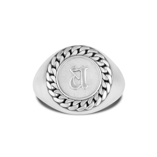 CUBAN LINK COIN RING SMALL INITIAL SILVER (FRONT)