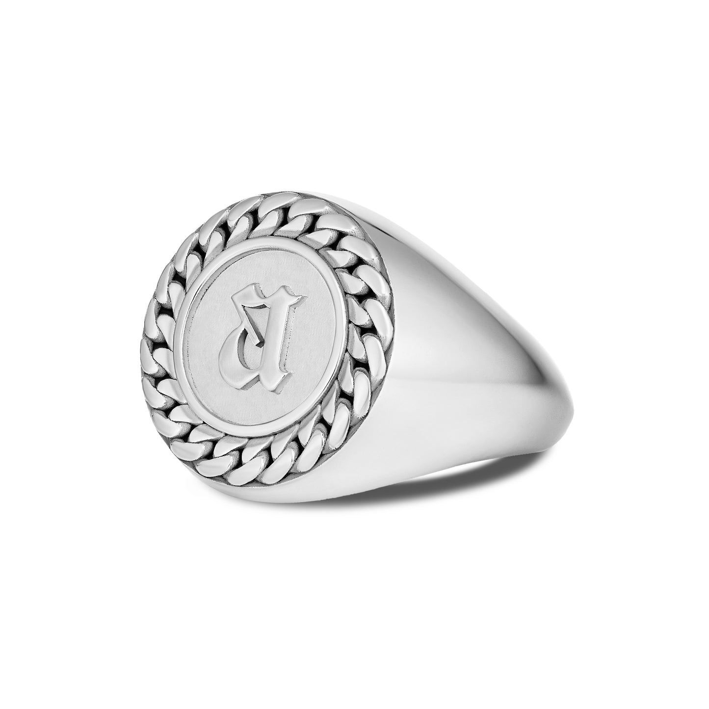 CUBAN LINK COIN RING SMALL INITIAL SILVER (SIDE)