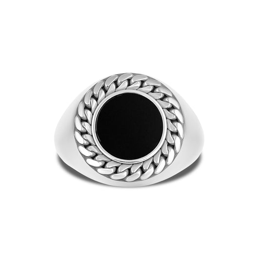 CUBAN LINK COIN RING SMALL ONYX SILVER (FRONT)