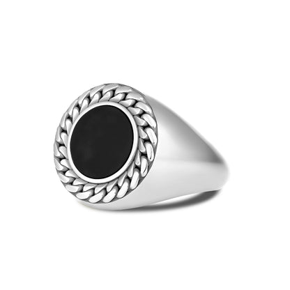 CUBAN LINK COIN RING SMALL ONYX SILVER (SIDE)