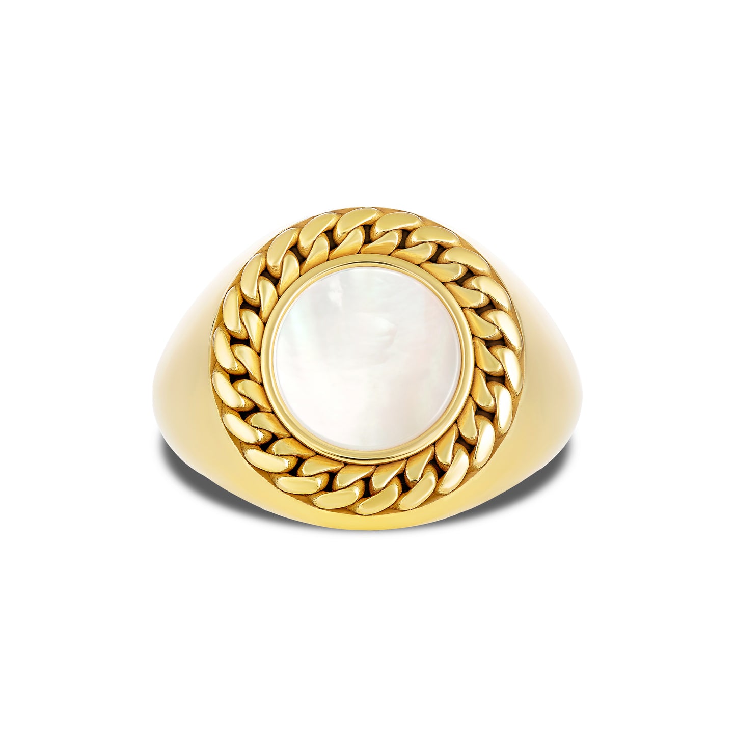 CUBAN LINK COIN RING SMALL PEARL GOLD (FRONT)