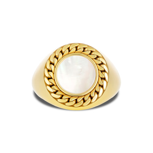 CUBAN LINK COIN RING SMALL PEARL GOLD (FRONT)