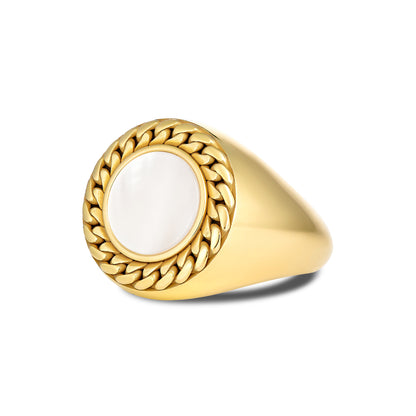 CUBAN LINK COIN RING SMALL PEARL GOLD (SIDE)