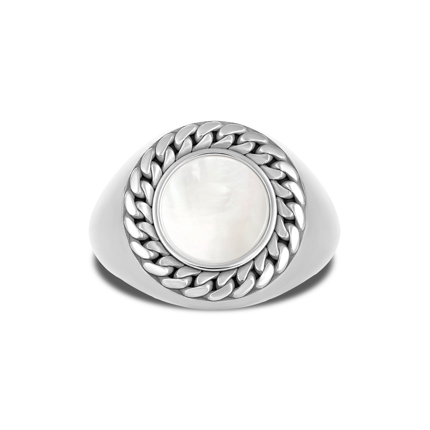 CUBAN LINK COIN RING SMALL PEARL SILVER (FRONT)