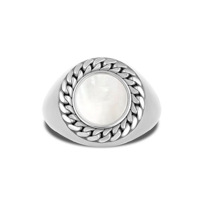CUBAN LINK COIN RING SMALL PEARL SILVER (FRONT)