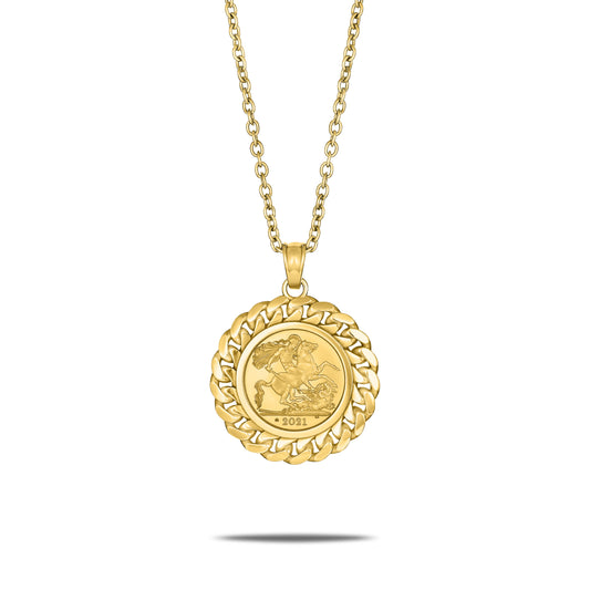 CUBAN LINK HALF SOVEREIGN PENDANT GOLD (FRONT)