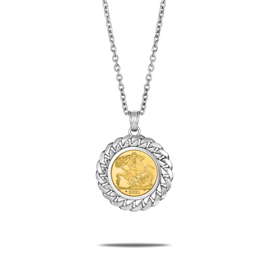 CUBAN LINK HALF SOVEREIGN PENDANT SILVER (FRONT)