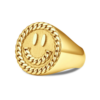 CUBAN LINK SMILEY FACE RING GOLD