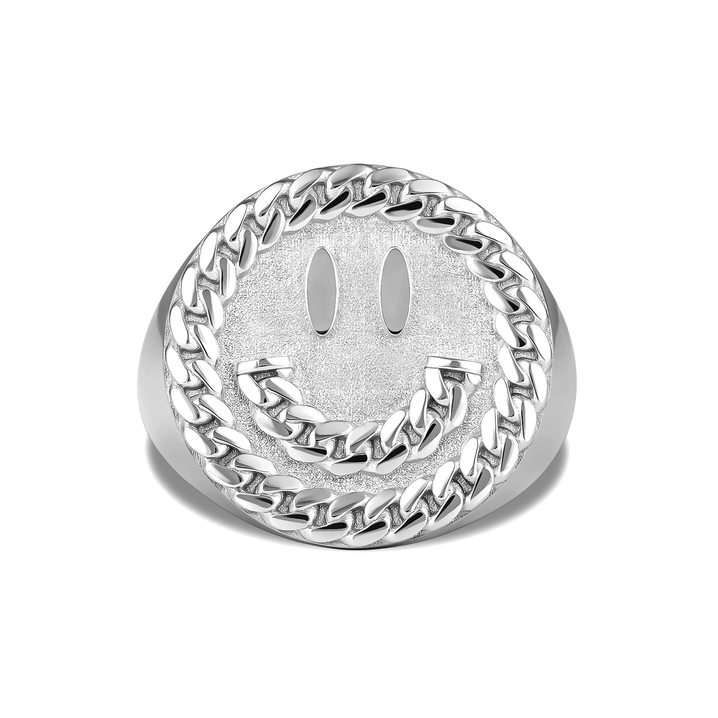 CUBAN LINK SMILEY FACE RING SILVER