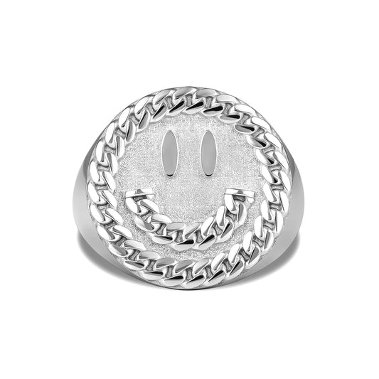 CUBAN LINK SMILEY FACE RING SILVER