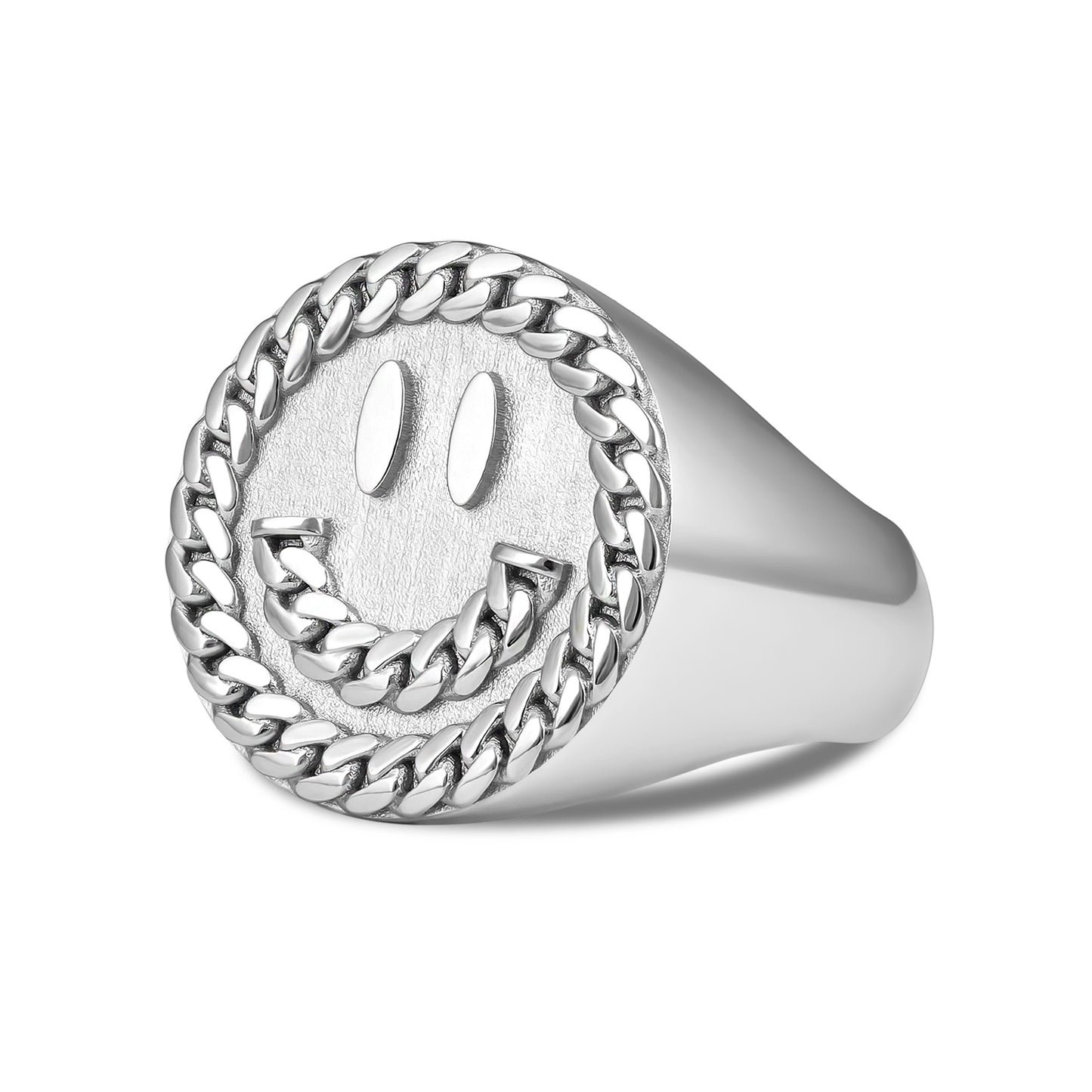 CUBAN LINK SMILEY FACE RING SILVER