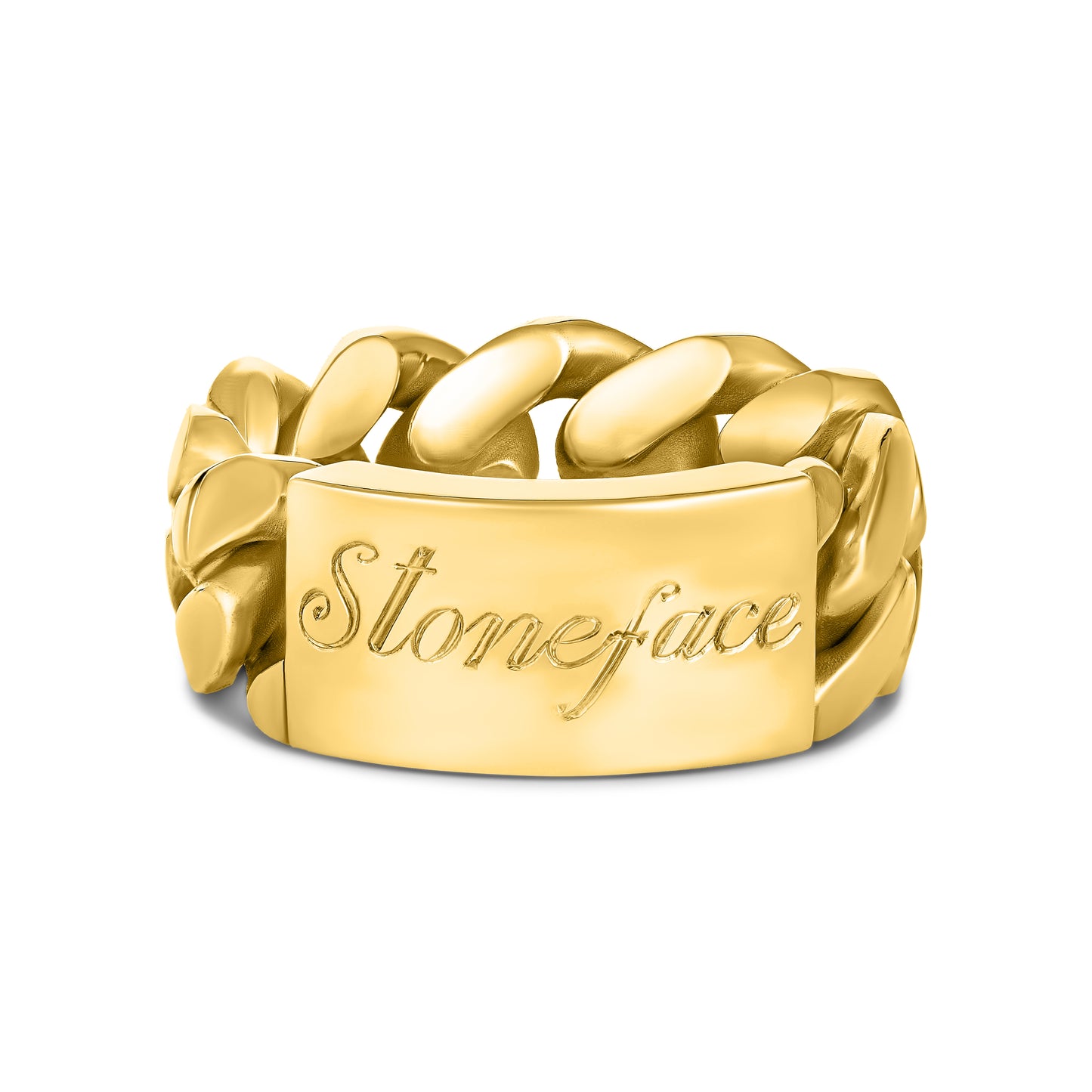 CUBAN LINK ID RING ENGRAVED GOLD (FRONT)