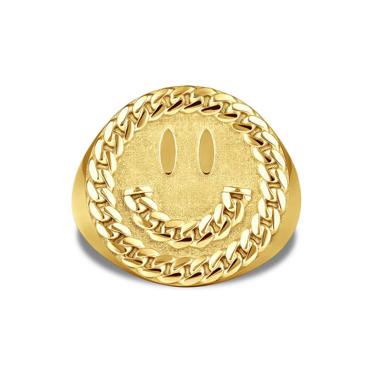 CUBAN LINK SMILEY FACE RING GOLD