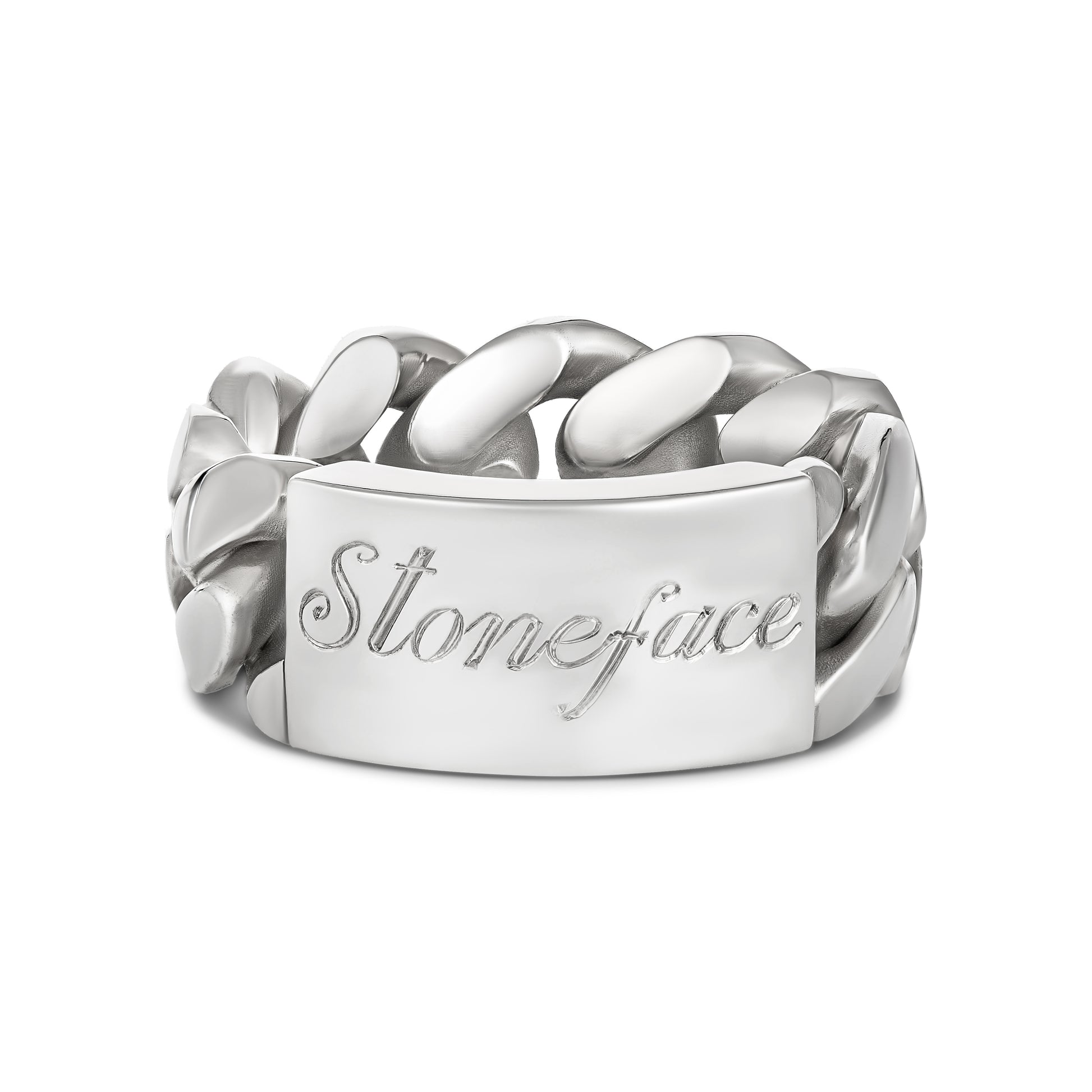 CUBAN LINK ID RING ENGRAVED SILVER (FRONT)