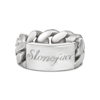 CUBAN LINK ID RING ENGRAVED SILVER (FRONT)