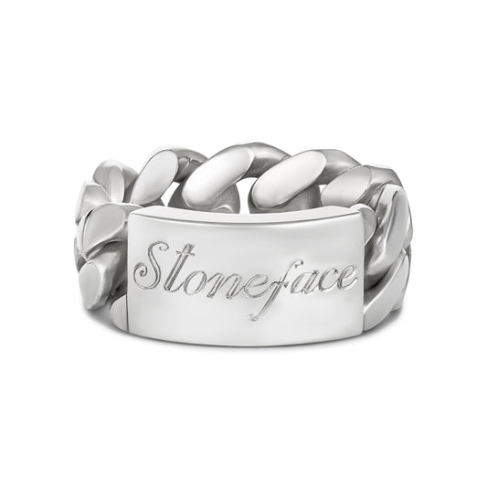 CUBAN LINK ID RING ENGRAVED SILVER (FRONT)